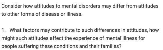 Consider how attitudes to mental disorders may differ from attitudes to other forms of disease or illness. 1. What factors ma