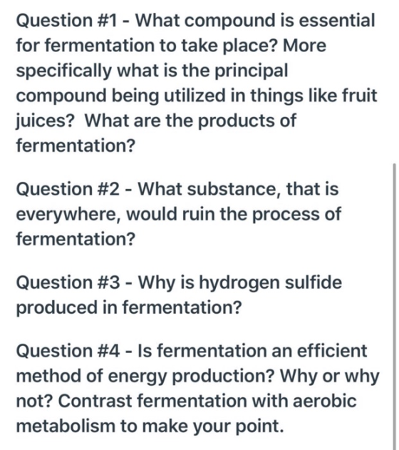 Question #1 - What compound is essential for fermentation to take place? More specifically what is the principal compound bei