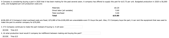 X Company is considering buying a part in 2020 that it has been making for the past several years. A company has offered to s