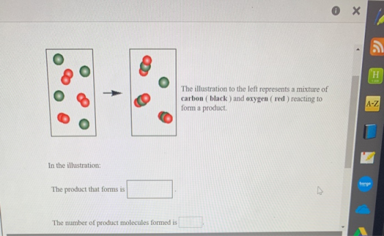 The illustration to the left represents a mixture of carbon (black) and oxygen (red) reacting to form a product. In the illus