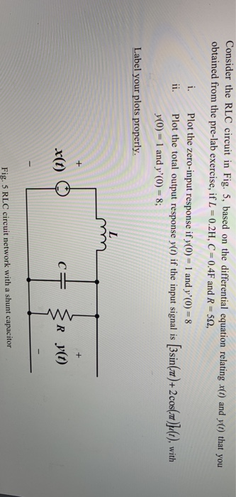 Consider the RLC circuit in Fig. 5, based on the differential equation relating x() and y() that you obtained from the pre-la