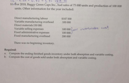 10./For 2018, Baggy Green Caps Inc., had sales of 75 000 units and production of 100 000 units. Other information for the yea