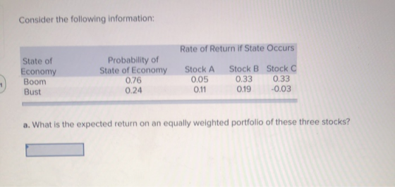 Consider the following information: Rate of Return if State Occurs State of Economy Boom Bust Probability of State of Economy