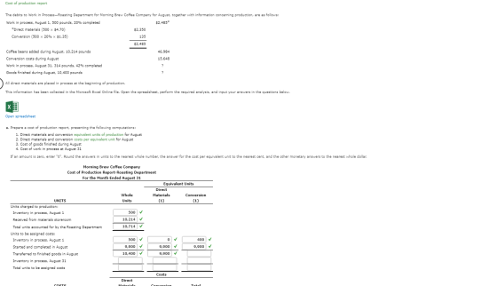 Cost of production report 135 The debits to Work in Process-Roasting Department for Morning Brew Coffee Company for August, t