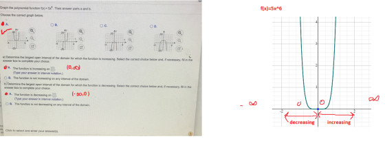 f(x)=5x^6 Graph the polynomial function f(x) = 5x. Then answer parts a and b. Choose the correct graph below. OB OC. OD a) De