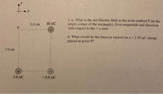5.0 cm 10 nc 2. a. What is the net Electric field at the point marked P (at the empty corner of the rectangle). Give magnitud