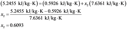 |(5.2455 kJ/kg K) = (0.5926 kJ/kg K)+x,(7.6361 kJ/kg-K)
5.2455 kJ/kg K-0.5926 kJ/kg K
7.6361 kJ/kg K
x 0.6093
