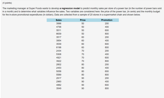 (4 points) The marketing manager at Super Foods wants to develop a regression model to predict monthly sales per store of a p
