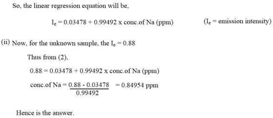 So, the linear regression equation will be, le = 0.03478 +0.99492 x conc.of Na (ppm) (Ie = emission intensity) (ii) Now, for