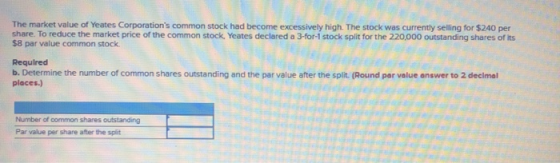 The market value of Yeates Corporations common stock had become excessively high. The stock was currently selling for $240 p