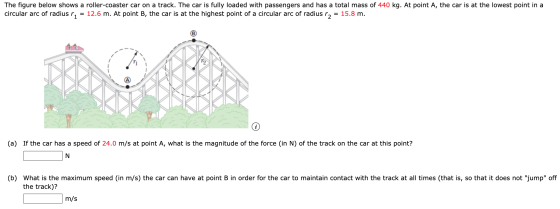 The figure below shows a roller-coaster car on a track. The car is fully loaded with passengers and has a total mass of 440 k