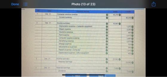 Done = Photo (13 of 23) Debit Credit 0.250 Computer services Income summary 40259 Income summary Depreciation expense Compute