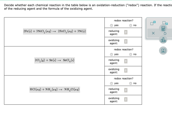 Decide whether each chemical reaction in the table below is an oxidation-reduction (redox) reaction. If the reactic of the