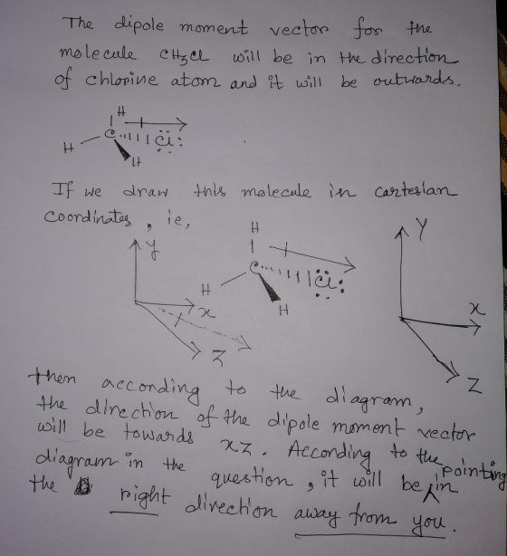 The dipole moment vector for the molecule Chace will be in the direction of chlorine atom and it will be outwards, lla: + in