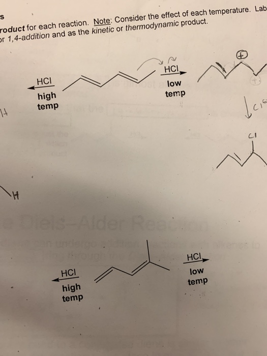 roduct for each reaction. Note: Consider the effect of each temperature. Lab r 1,4-addition and as the kinetic or thermodynamic product. HCl low temp high temp CI HCI high temp HCI low temp