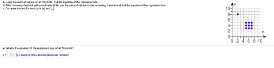a. Using the pairs of values for all 10 points, find the equation of the regression line. b. After removing the point with co