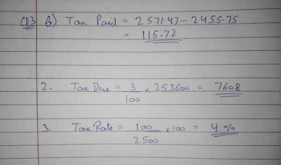 93 6) Tax Paid 2571.47-2455.75 115.72 2. Tax Due 253600 7608 3 loo 3. Tax Rate = 100 x 100 2500 y %