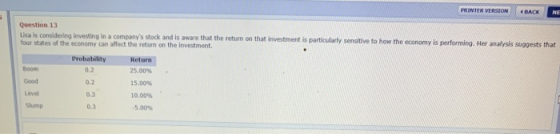 PRINTER VERSION BACK NE Question 13 Lisa is considering investing in a companys stock and is aware that the return on that i