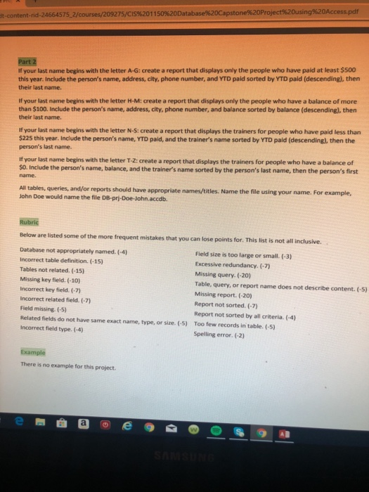 %20Capstone%20Project%20using%20Access.pdf t-content-rid-24664575-2/courses/209275/CIS%201 1 509620D Part 2 If your last name begins with the letter A-G: create a report that displays only the people who have paid at least $500 this year. Include the persons name, address, city, phone number, and YTD paid sorted by YTD paid (descending), then their last name. If your last name begins with the letter H-M: create a report that displays only the people who have a balance of more than $100. Include the persons name, address, city, phone number, and balance sorted by balance (descending), then their last name. If your last name begins with the letter N-S: create a report that displays the trainers for people who have paid less than $225 this year. Include the persons name, YTD paid, and the trainers name sorted by YTD paid (descending), then the persons last name. If your last name begins with the letter T-Z: create a report that displays the trainers for people who have a balance of SO. Include the persons name, balance, and the trainers name sorted by the persons last name, then the persons first name. queries, and/or reports should have appropriate names/titles. Name the file using your name. For example, John Doe would name the file DB-prj-Doe-lohn.accdb. Rubric Below are listed some of the more frequent mistakes that you can lose points for. This list is not all inclus Database not appropriately named. (-4) incorrect table definition. (-15) Tables not related. (-15) Missing key field. (-10) Incorrect key field. (-7) Incorrect related field. -7) Field missing. (-5) Related fields do not have same exact name, type, or size. (-5) Too few records in table. (-5) Incorrect field type. (-4) Field size is too large or small. (-3) Excessive redundancy. (-7) Missing query. (-20) Table, query, or report name does not describe content. (-5) Missing report.(-20) Report not sorted. (-7) Report not sorted by all criteria. (-4) Spelling error. (-2) Example There is no example for this project.