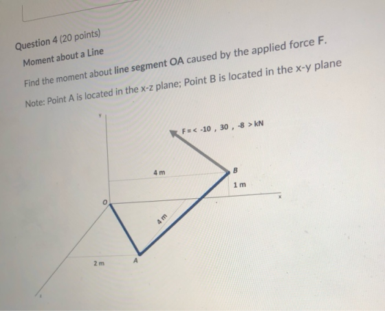 Question 4 (20 points) Moment about a Line Find the moment about line segment OA caused by the applied force F. Note: Point A