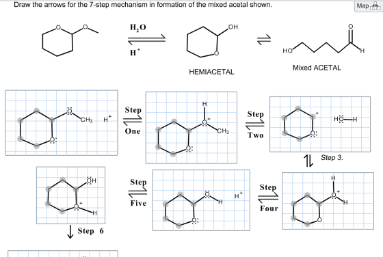 Draw the arrows for the 7-step mechanism in formation of the mixed acetal shown. Мар - H,0 OH ni 16 HT но Н. Mixed ACETAL HE