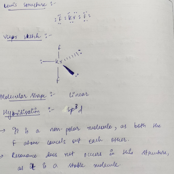 lewis structure of tikroto ou Vseps sketch : - t E- Molecular shape & Hybridisation : Unear 5p 3d It is a non-polar f atom ca