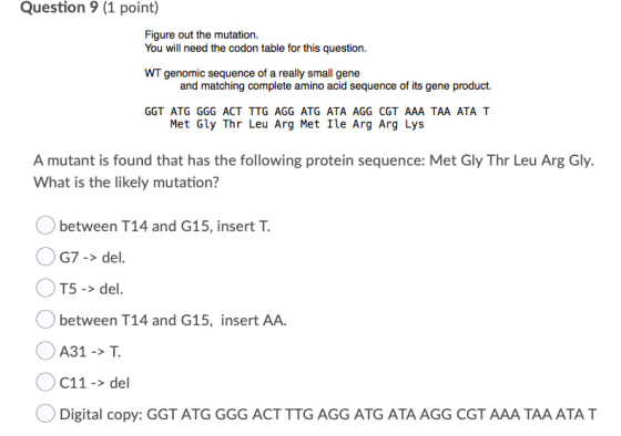 Question 9 (1 point) Figure out the mutation. You will need the codon table for this question. WT genomic sequence of a reall