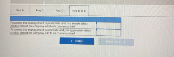Req A Red B Reg C Reg D to E Assuming that management is pessimistic and risk averse, which product should the company add to