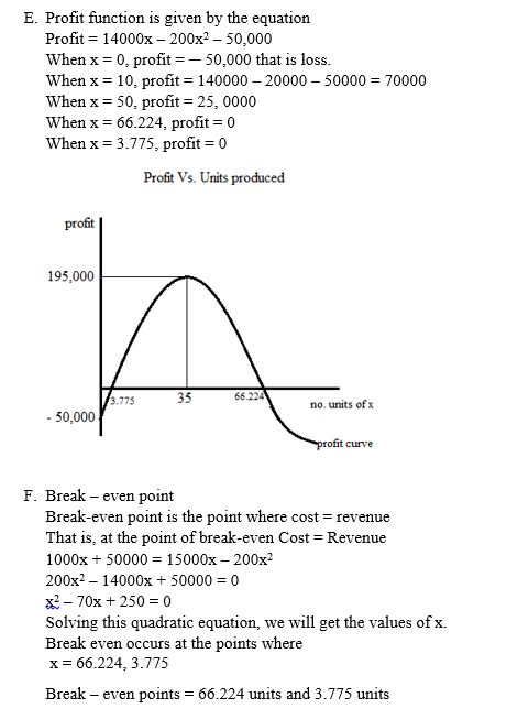E. Profit function is given by the equation Profit = 14000x - 200x2 - 50,000 When x = 0, profit = -50,000 that is loss. When