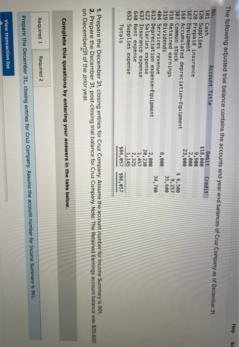 Help Sa The following adjusted trial balance contains the accounts and year-end balances of Cruz Company as of December 31. N