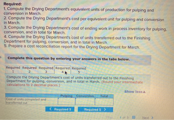 Required: 1. Compute the Drying Departments equivalent units of production for pulping and conversion in March. 2. Compute t