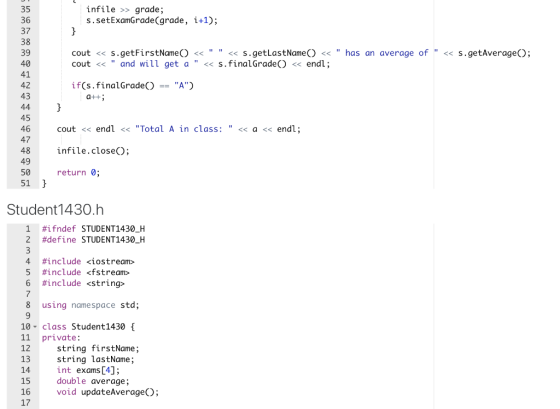 infile >> grade; S.setExamGrade(grade, i+1); s.getAverage(); cout << s.getFirstName() << « s.getLastName() << has an av