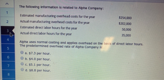The following information is related to Alpha Company: Estimated manufacturing overhead costs for the year Actual manufacturi