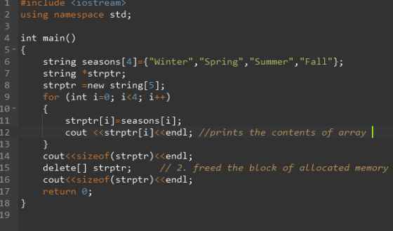 #include <!ostream» 2 using namespace sta; 4 int main() 6 string seasons [4]-fWinter, Spring , Summer, Fall; string *