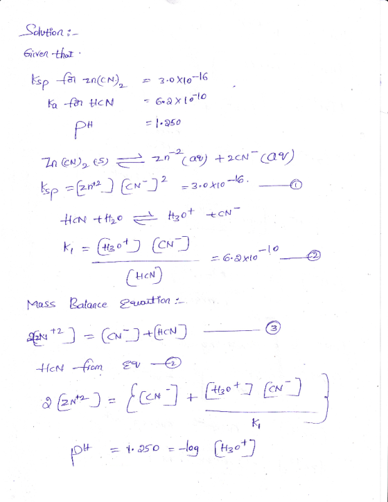 Solution :- Given that Ksp fer zn(CN), Ka for HCN pH - 3.0x10-16 662x10 to = 1.250 Zn (CN), 5) = znan) +20 @V) Esp=[212] [n]