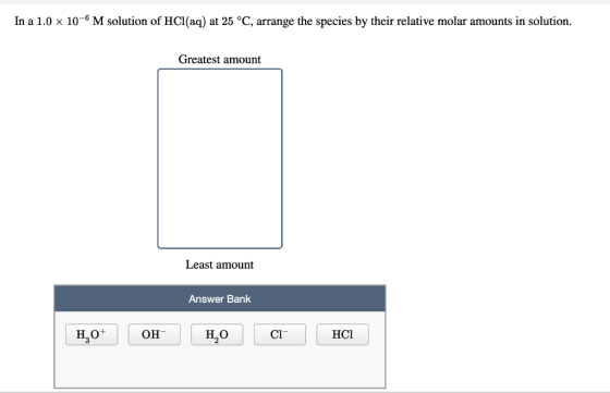 In a 1.0 x 10-6 M solution of HCl(aq) at 25 °C, arrange the species by their relative molar amounts in solution. Greatest amo