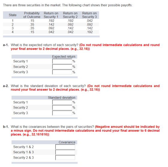 There are three securities in the market. The following chart shows their possible payoffs: State .15 Probability Return on o