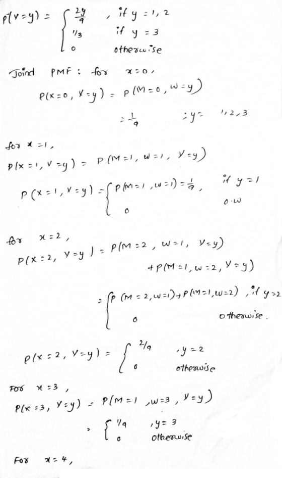 P(x:2, Yzy ) - PIM 22, Wz1, Vey) ply=y) 2 it y 31, 2 13 if y - 3 o otherwise Joind PMF: for P(x=0, x=y) = P(=0, way) 1,2,3 92