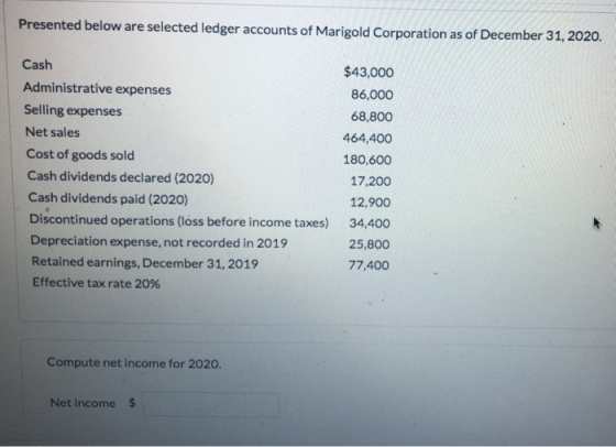 Presented below are selected ledger accounts of Marigold Corporation as of December 31, 2020. Cash Administrative expenses Se