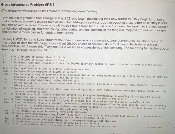 Great Adventures Problem AP3-1 (The following information applies to the questions displayed below.) Tony and Suzie graduate