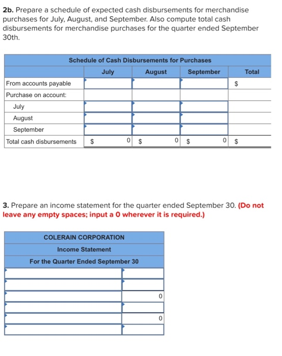 2b. Prepare a schedule of expected cash disbursements for merchandise purchases for July, August, and September. Also compute