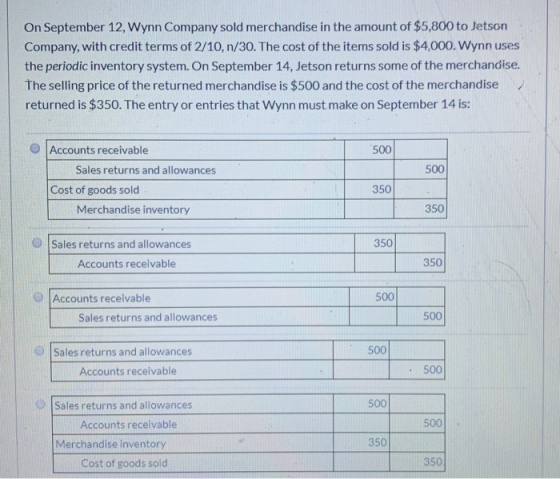 On September 12, Wynn Company sold merchandise in the amount of $5,800 to Jetson Company, with credit terms of 2/10, n/30. Th