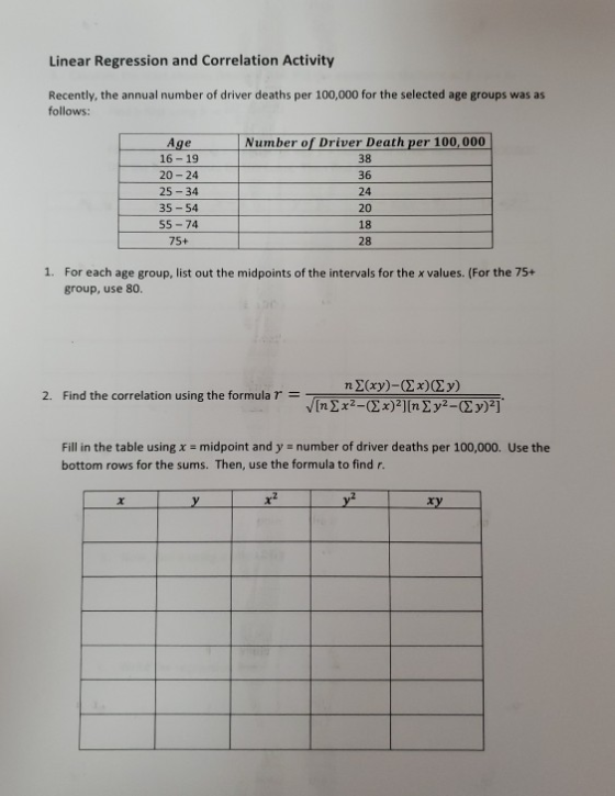 Linear Regression and Correlation Activity Recently, the annual number of driver deaths per 100,000 for the selected age grou