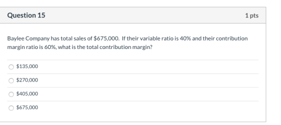 Question 15 1 pts Baylee Company has total sales of $675,000. If their variable ratio is 40% and their contribution margin ra