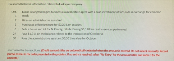 Presented below is information related to Larkspur Company Oct. 1 2 3 6 Diane Lexington begins business as a real estate agen