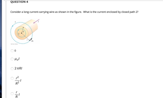QUESTION 4 Consider a long current-carrying wire as shown in the figure. What is the current enclosed by closed path 2? 0 Hol