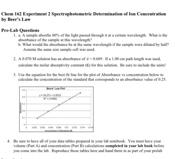 Chem 162 Experiment 2 Spectrophotometric Determination of Ion Concentration by Beers Law Pre-Lab Questions a. A sample absorbs 80% of the light passed through it at a certain wavelength. What is the absorbance of the sample at this wavelength? b. What would the absorbance be at the same wavelength if the sample were diluted by half? Assume the same size sample cell was used. 2, A 0.070 M solution has an absorbance ofA = 0.689. If a 1.00 cm path length was used. calculate the molar absorptivity constant () for this solution. Be sure to include the units! 3. Use the equation for the best fit line for the plot of Absorbance vs concentration below to calculate the concentration of the standard that corresponds to an absorbance value of 0.25 Beers Law Plot 34 27x+0.0032 R-0.9982 04 01 0002 0004 0006 0008 001 0012 0014。。 4. Be sure to have all of your data tables prepared in your lab notebook. You must have your volume (Part A) and concentration (Part B) calculations completed in your lab book before you come into the lab. Reproduce those tables here and hand them in as part of your prelab