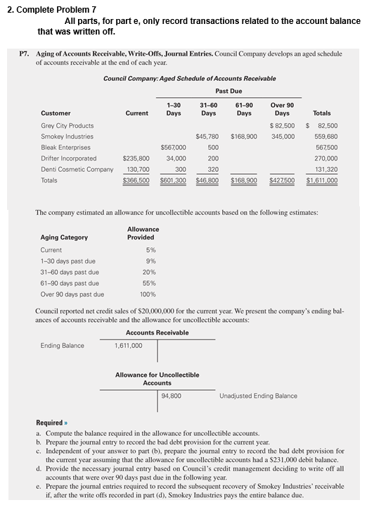 2. Complete Problem 7 All parts, for part e, only record transactions related to the account balance that was written off. P7