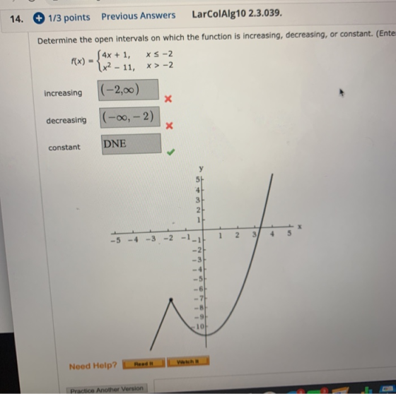 14. + 1/3 points Previous Answers LarColAlg10 2.3.039. Determine the open intervals on which the function is increasing, decr
