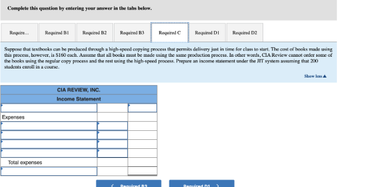Complete this question by entering your answer in the tabs below Require Required BI Required B2 Required B3 Required C: Required DI Required D2 Suppose that textbooks can be produced through a high-speed copying process that permits delivery just in time for class to start. The cost of books made using this process, however, is S160 each. Assume that all books must be made using the same production process. In other words, CIA Review cannot order some of the books using the regular copy process and the rest using the high-speed process. Prepare an income statement under the JIT system assuming that 200 students enroll in a course Show less CIA REVIEW, INC Income Statement Expenses Total expenses Reuired R3